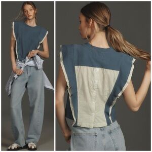 Anthropologie Ribbed Popover Ruffle Back Button Top Size S Blue Green Stripe